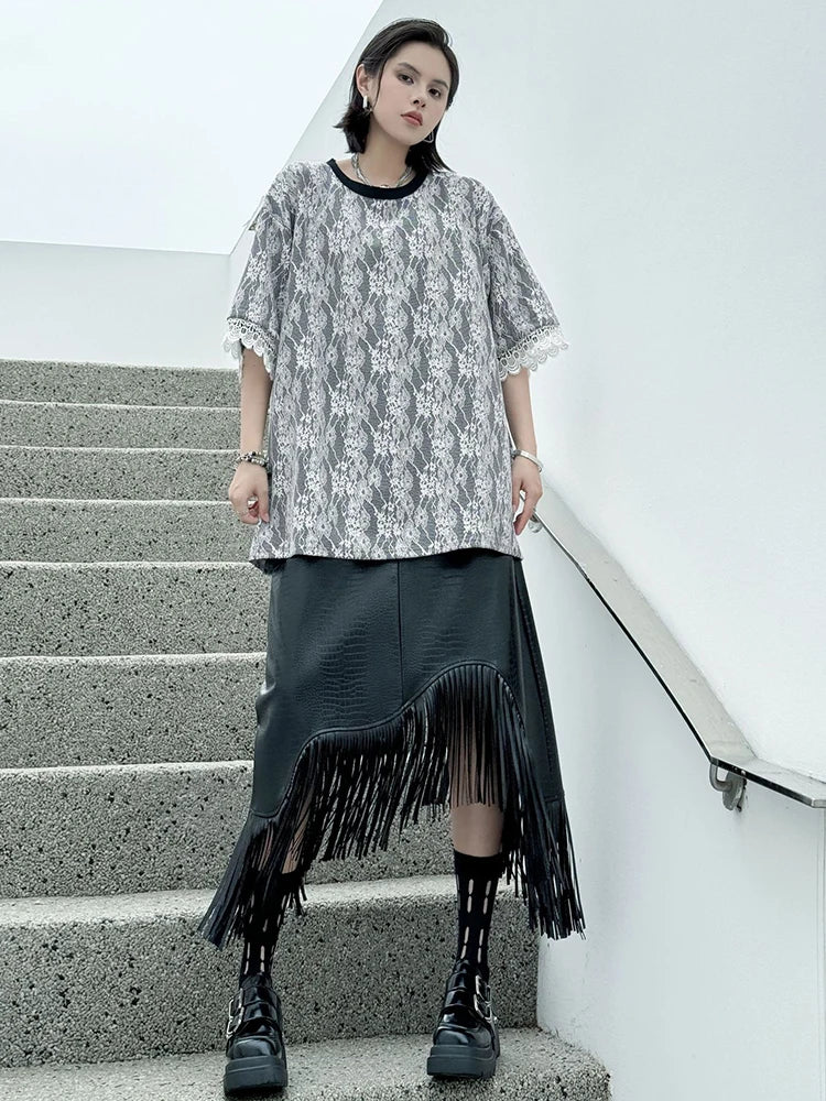 Women Black Lace Spliced Big Size Long Casual T-shirt New Round Neck Short Sleeve Fashion Tide Spring Summer 2025 1DJ1369