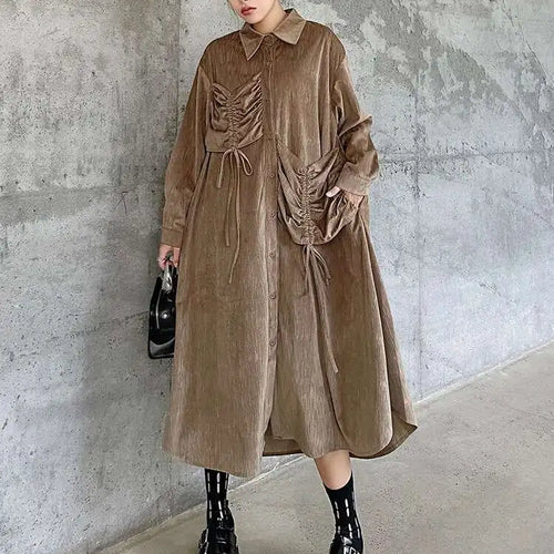 Load image into Gallery viewer, Women Khaki Drawstring Irregular Big Size Elegant Midi Dress New Long Sleeve Fashion Tide Spring Autumn 2025 1DH7270
