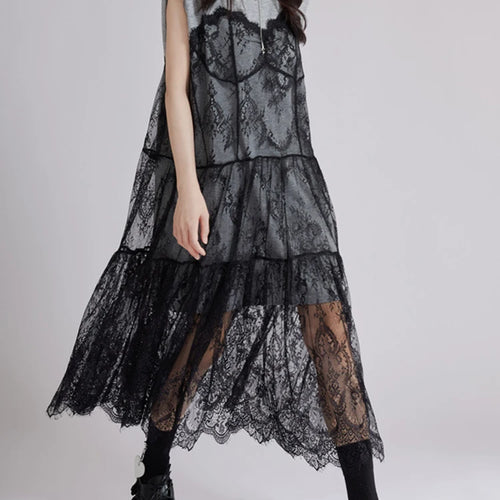 Load image into Gallery viewer, Women Gray Lace Perspective Big Size Midi Dress New Round Neck Short Sleeve Fashion Tide Spring Summer 2025 1DJ1429
