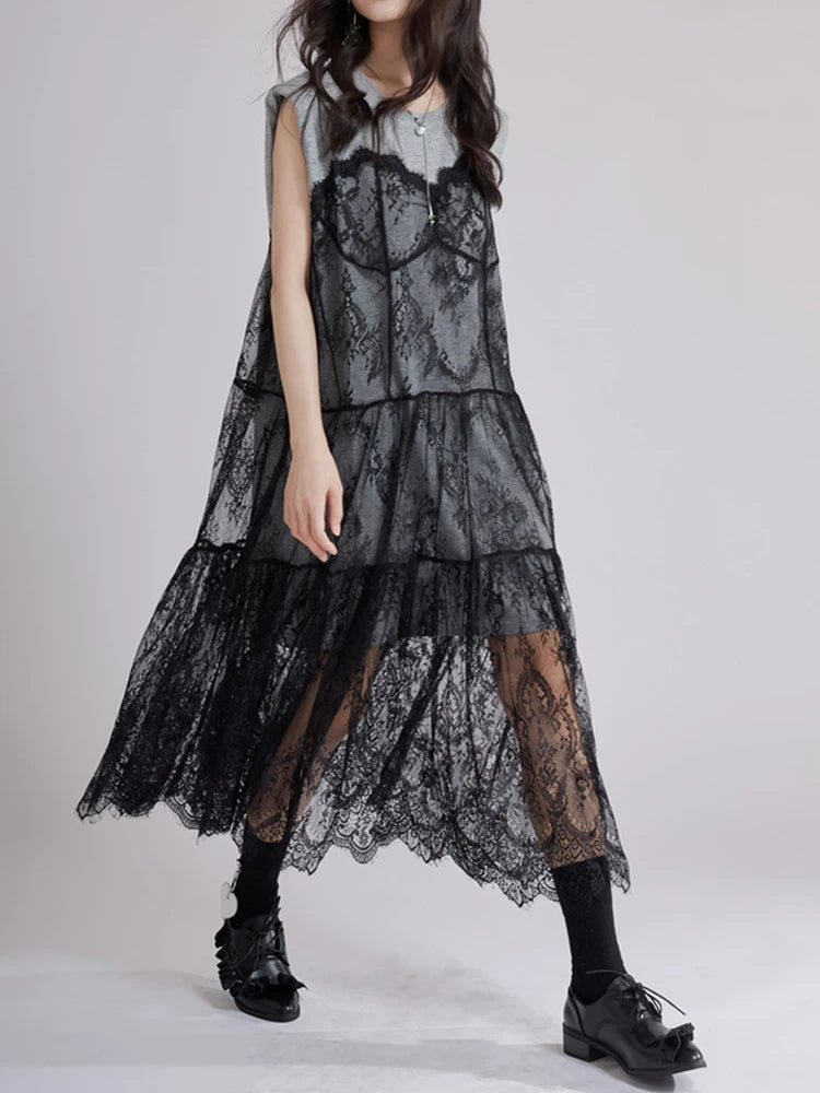 Women Gray Lace Perspective Big Size Midi Dress New Round Neck Short Sleeve Fashion Tide Spring Summer 2025 1DJ1429