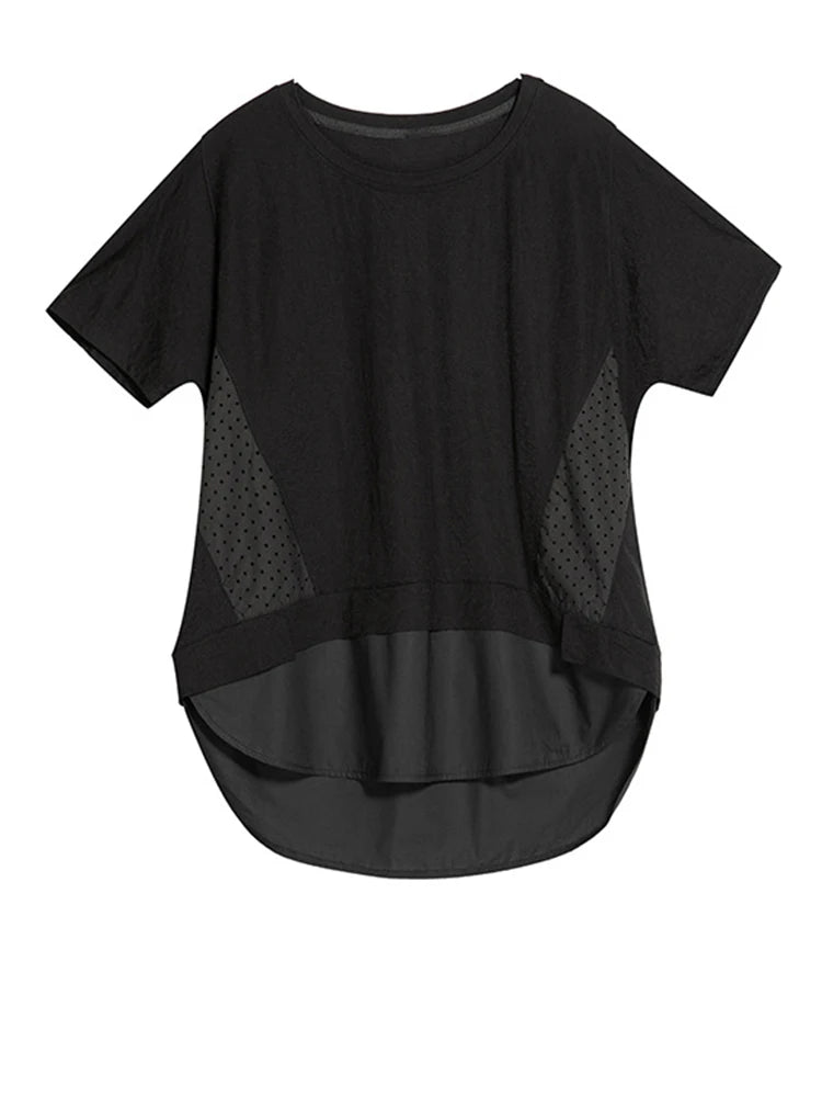 Women Black Dot Printed Spliced Big Size Casual T-shirt New Round Neck Short Sleeve Fashion Spring Summer 2025 1DJ1762