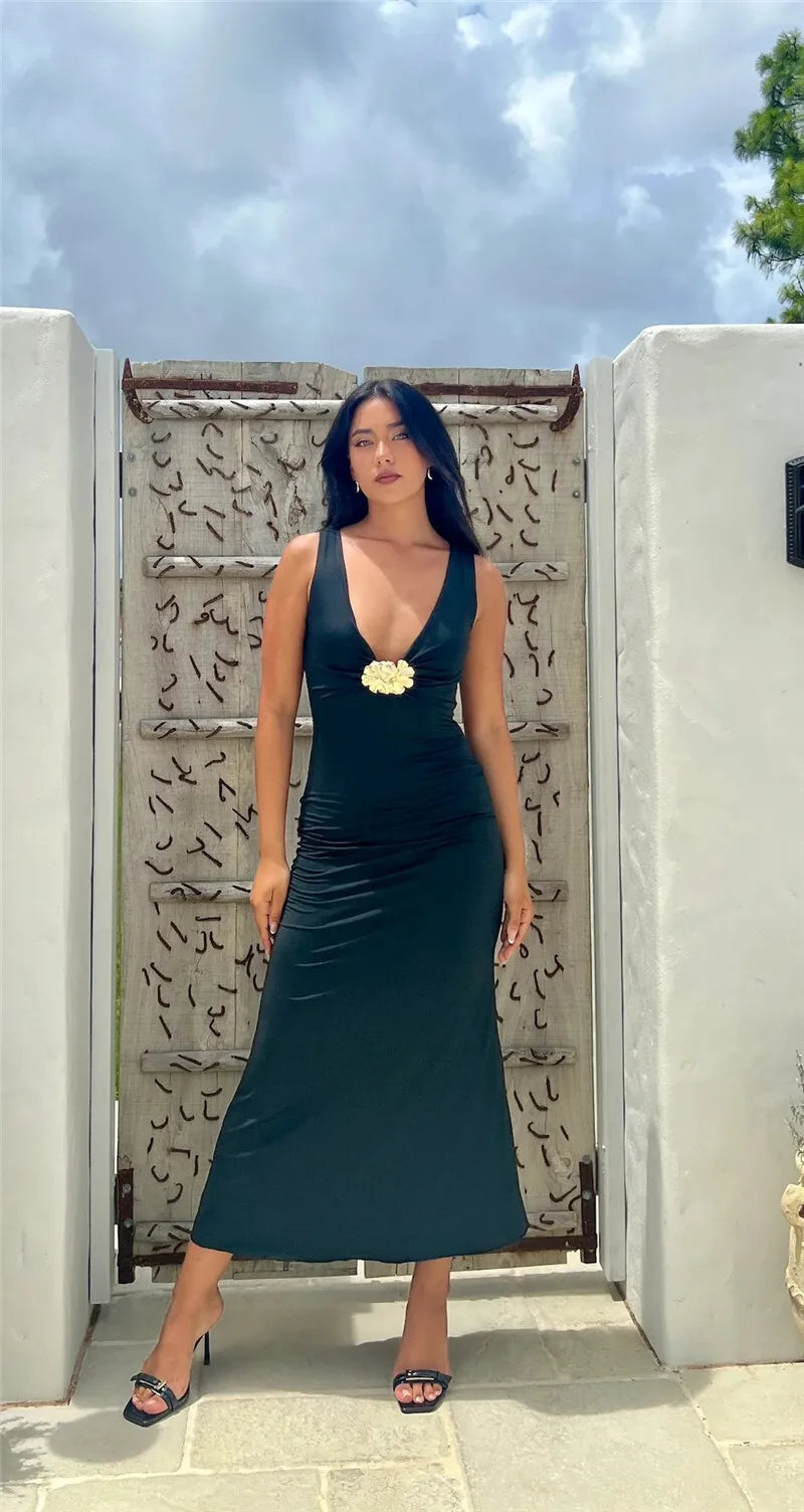 Elegant Deep V Neck Front Gold Clasp Sexy Maxi Dress For Women Black Gown Sleeveless Slim Fit Long Tank Dress Elegant