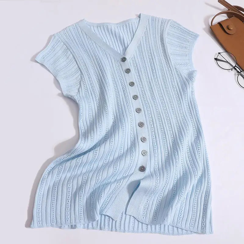Women Solid Single Breasted Slim Hollow Out Knitted T-shirt Summer Short Sleeve V-neck Cardigan Tops 2024 Versatile Fashion New