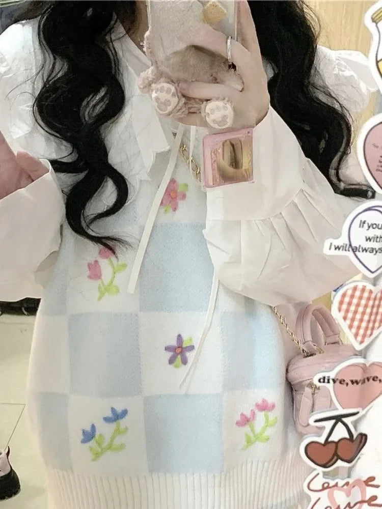 Knitted Sweater Vest for Women 2025 Y2k Aesthetic Embroidery Flower Tanks Fashion Casual Sleeveless Waistcoat Preppy Cute Tops