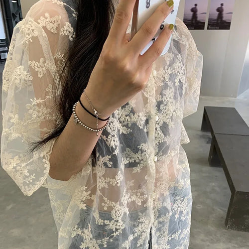 Load image into Gallery viewer, Summer Korean Fashion Lace Shirts Short Sleeve See Through Mesh Blouses Japanese Style Designer Clothes Fairycore Kawaii

