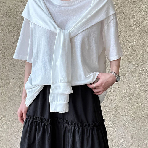 Load image into Gallery viewer, Women White Bandage Brief Big Size Casual T-shirt New Round Neck Half Sleeve Fashion Tide Spring Summer 2025 1DJ0722
