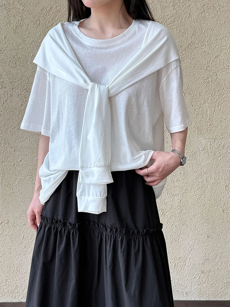 Women White Bandage Brief Big Size Casual T-shirt New Round Neck Half Sleeve Fashion Tide Spring Summer 2025 1DJ0722