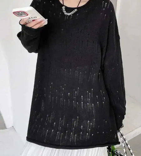 Black Hollow Out Big Size Knitting Sweater Round Neck Long Sleeve Women Pullovers New Fashion Spring Autumn 2025 1DJ0057