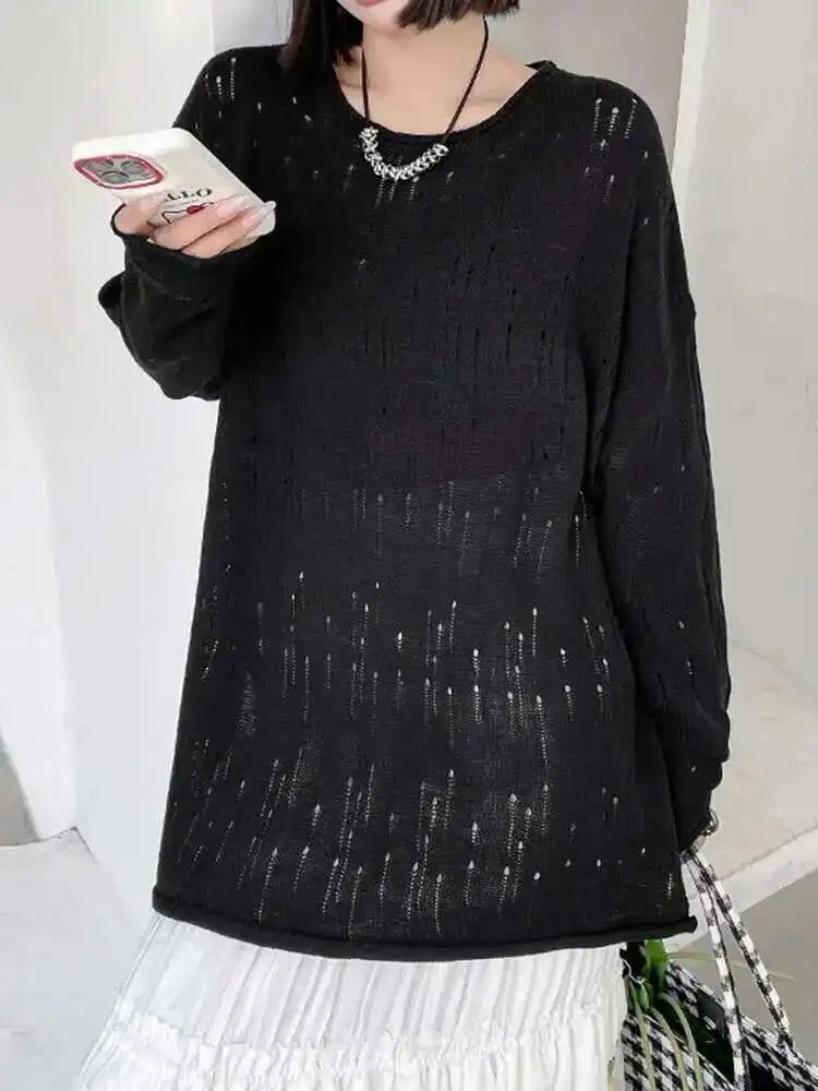 Black Hollow Out Big Size Knitting Sweater Round Neck Long Sleeve Women Pullovers New Fashion Spring Autumn 2025 1DJ0057
