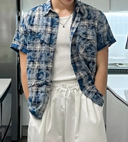 Men's Tie Dye Short Sleeve Shirts New Summer Loose Plaid Korean Turn-down Collar Trendy Male Clothing Loose Fiting 9W1626