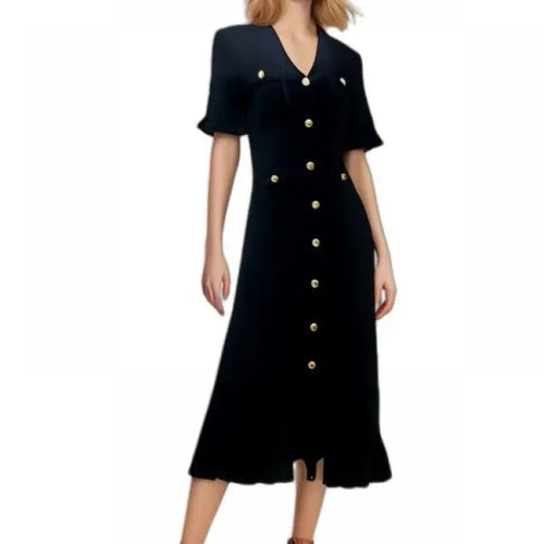 Load image into Gallery viewer, Women Solid V Neck Ruffles Edge Knitted Single Breasted Dress Fashion Spring Summer Short Sleeves Festival Long Dress Simplicity
