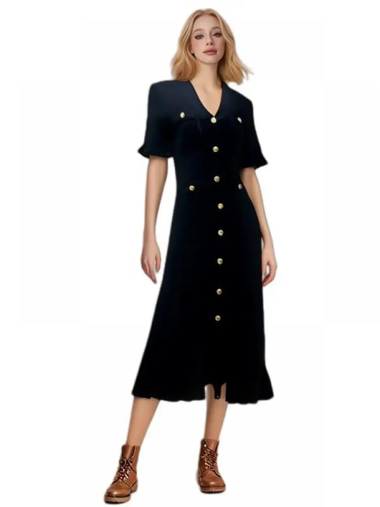 Women Solid V Neck Ruffles Edge Knitted Single Breasted Dress Fashion Spring Summer Short Sleeves Festival Long Dress Simplicity