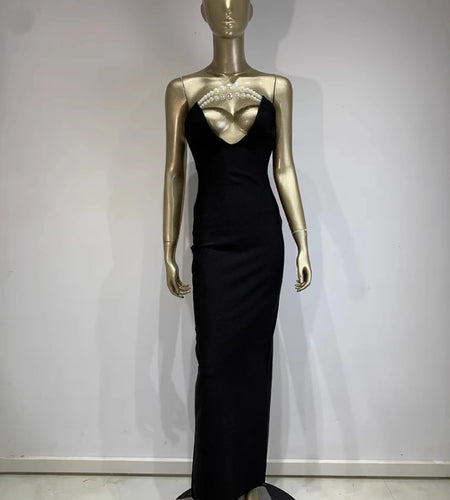 Solid Spliced Pearl Slimming Dresses For Women Slash Neck Sleeveless High Waist Temperament Dresses Female Fashion