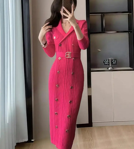 Korean Women Solid Double Breasted Long Sleeve Dress Autumn Winter Office Lady Elegant Festival Knitted Dresses Fashion Leisure