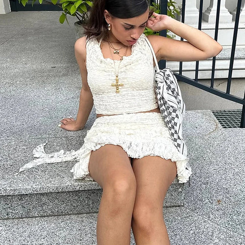 Load image into Gallery viewer, Jacquard Tassels 2-Piece Set Women One Shoulder Sleeveless Crop Tops+Tierred Mini Skirts Sweet Street Party Summer Suit
