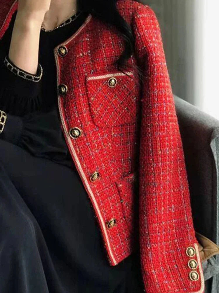 Korean Elegant Women's Coat New Autumn/Winter Sweet Casual Loose O-neck Single Breasted Suit Coat Red Tweed Blazer Women