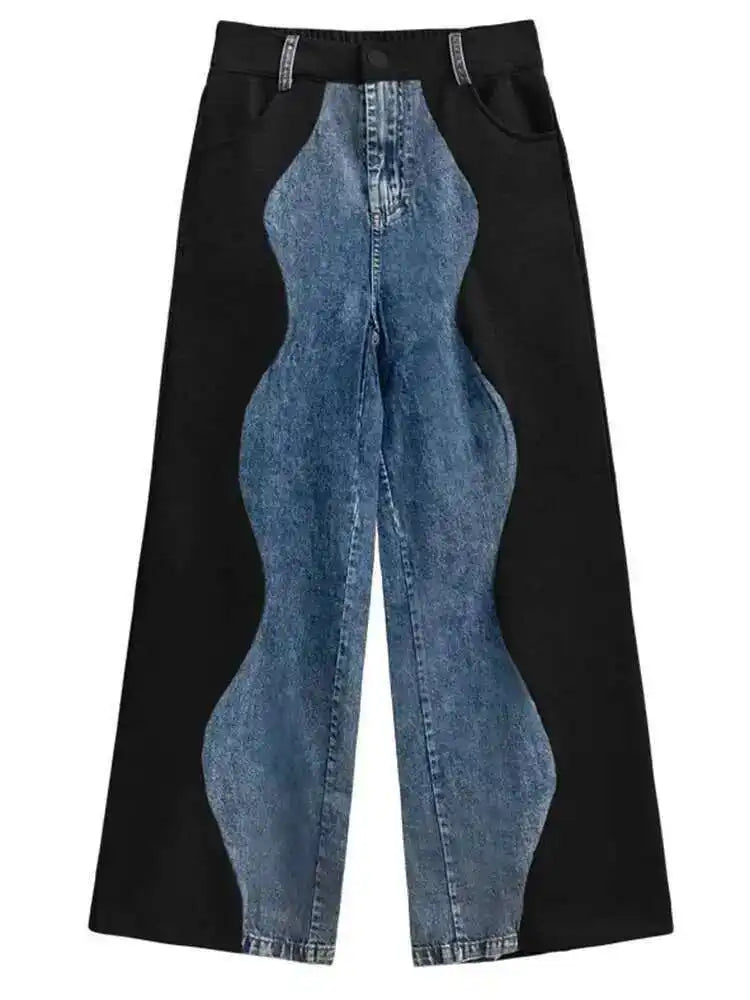 High Elastic Waist Black Color-block Denim Long Wide Leg Pants New Trousers Women Fashion Tide Spring Autumn 2025 1DH4642