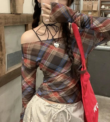 y2k Tops Women Grunge Fairycore Clothing Plaid Print Off Shoulder Long Sleeve Mesh T Shirts 2000s Clothes Streetwear