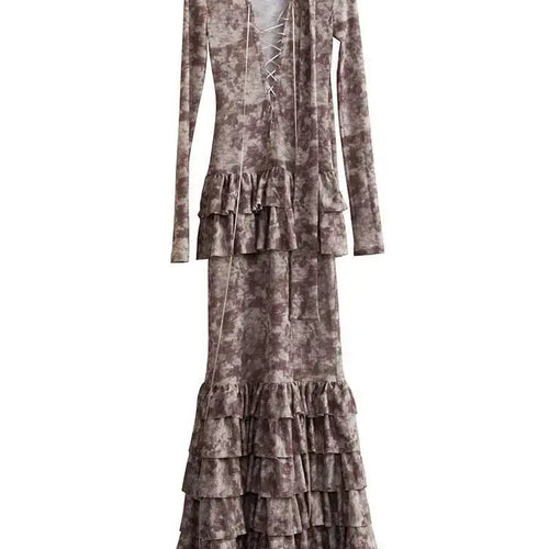 Load image into Gallery viewer, Women Beige Hollow Out Bandge Ruffles Long Elegant Dress New V-Neck Long Sleeve Fashion Tide Spring Autumn 2025 1DH4719
