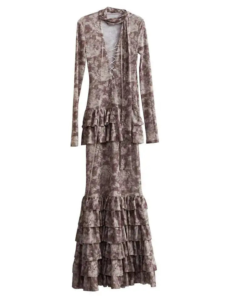 Women Beige Hollow Out Bandge Ruffles Long Elegant Dress New V-Neck Long Sleeve Fashion Tide Spring Autumn 2025 1DH4719