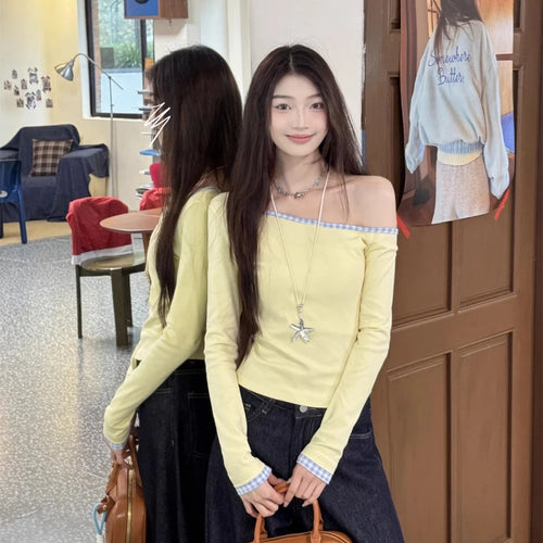 Load image into Gallery viewer, Women Streetwear Vintage Plaid Patchwork Tees Y2k Aesthetic Skew Collar Casual Loose T Shirts Spring Harajuku Grunge Crop Tops
