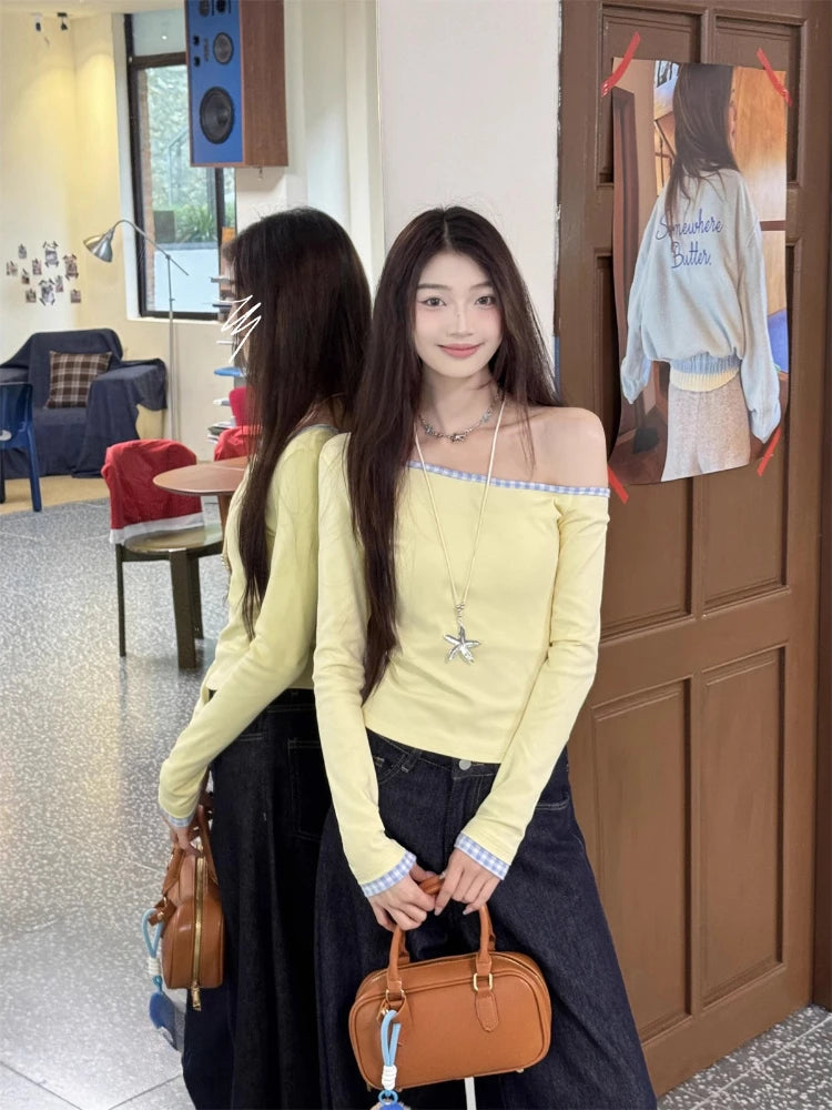 Women Streetwear Vintage Plaid Patchwork Tees Y2k Aesthetic Skew Collar Casual Loose T Shirts Spring Harajuku Grunge Crop Tops