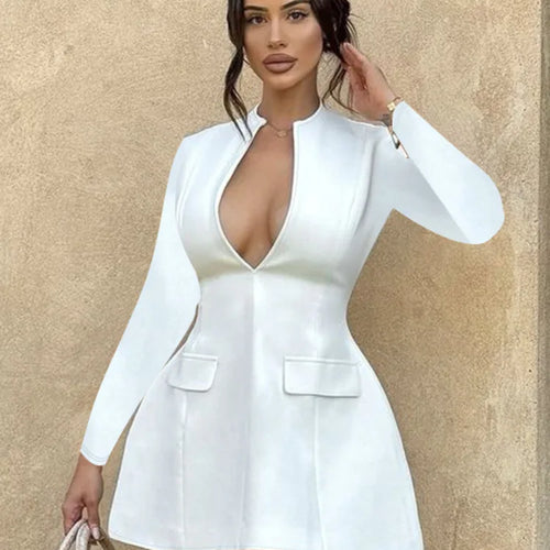 Load image into Gallery viewer, Autumn Long Sleeve Sexy Mini Dress For Women Solid Zipper Deep V Neck Two Pocket High Waist A-line Dress Femme Clothes
