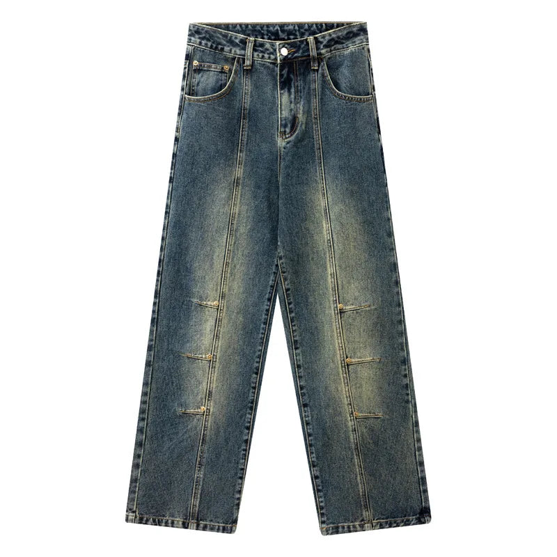 American Style Men's Denim Pants Washing Solid Color Washing Metal Design Straight Wide Leg Loose Male Jeans Summer 9W1984