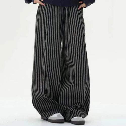 Load image into Gallery viewer, Autumn Casual Pants Striped Loose Drawstring Men&#39;s Pockets Elastic Waist Straight Wide Leg Male Trousers Fashion 9C8815
