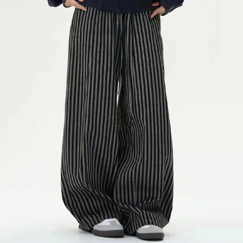 Autumn Casual Pants Striped Loose Drawstring Men's Pockets Elastic Waist Straight Wide Leg Male Trousers Fashion 9C8815