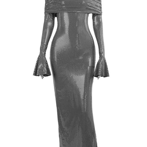 Load image into Gallery viewer, Elegant Strapless Sparkle Maxi Dress For Women Fashion Off-shoulder Backless Long Flare Sleeve Bodycon Club Party Dress
