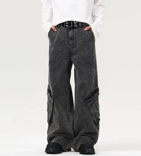 High Street Men's Jeans New American Fold Design Washed Distressed Denim Pants Wide Leg Male Trousers Personality 9W1552