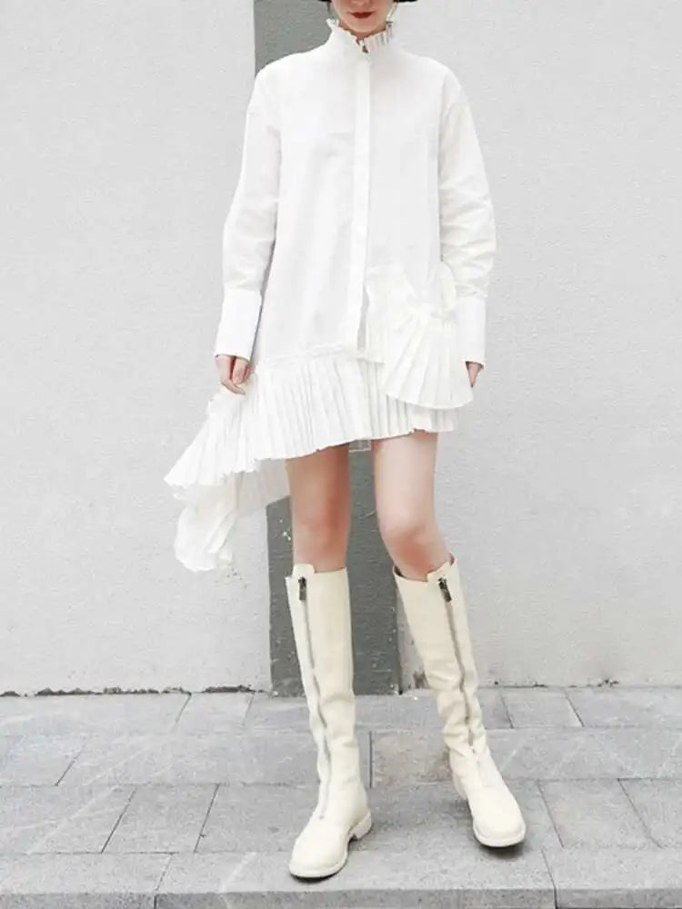 Women Black Pleated Irregular Casual Shirt Dress New Stand Collar Long Sleeve Loose Fit Fashion Spring Autumn 2025 1DF4825