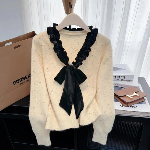Load image into Gallery viewer, Autumn Winter French Patchwork Elegant V Neck Bow Ruffles Single Breasted Short Sweater Women New Long Sleeved Knitted Tops 2024
