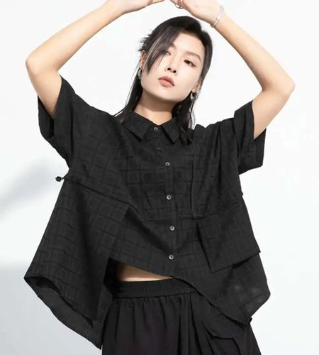 Women Black Plaid Drawstring Big Size Blouse New Lapel Short Sleeve Shirt Fashion Tide Spring Summer  2025 1DH6088