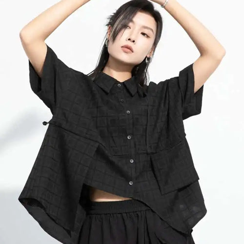 Load image into Gallery viewer, Women Black Plaid Drawstring Big Size Blouse New Lapel Short Sleeve Shirt Fashion Tide Spring Summer  2025 1DH6088

