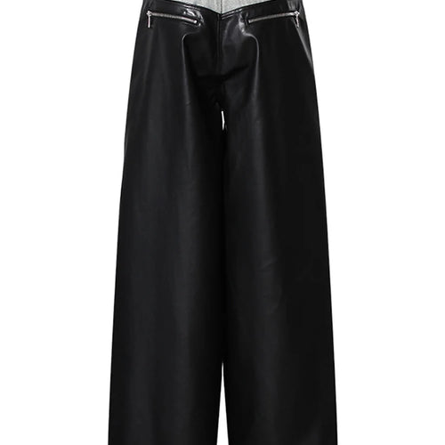 Load image into Gallery viewer, High Waist Black Color-block Leather Denim Long Wide Leg Jeans New Loose Women Trousers Fashion Spring Autumn 2025 1DH3903
