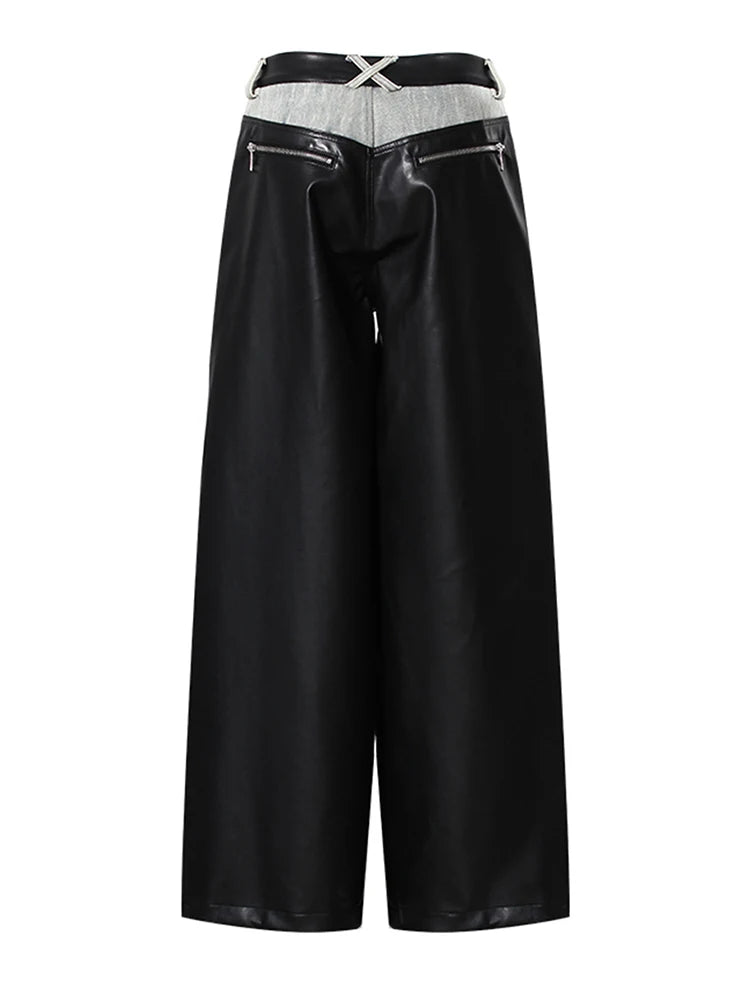 High Waist Black Color-block Leather Denim Long Wide Leg Jeans New Loose Women Trousers Fashion Spring Autumn 2025 1DH3903