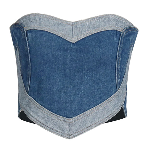 Load image into Gallery viewer, Hit Color Tube Top For Women Strapless Sleeveless Backless Short Love Patchwork Sexy Style Denim Vest Female New
