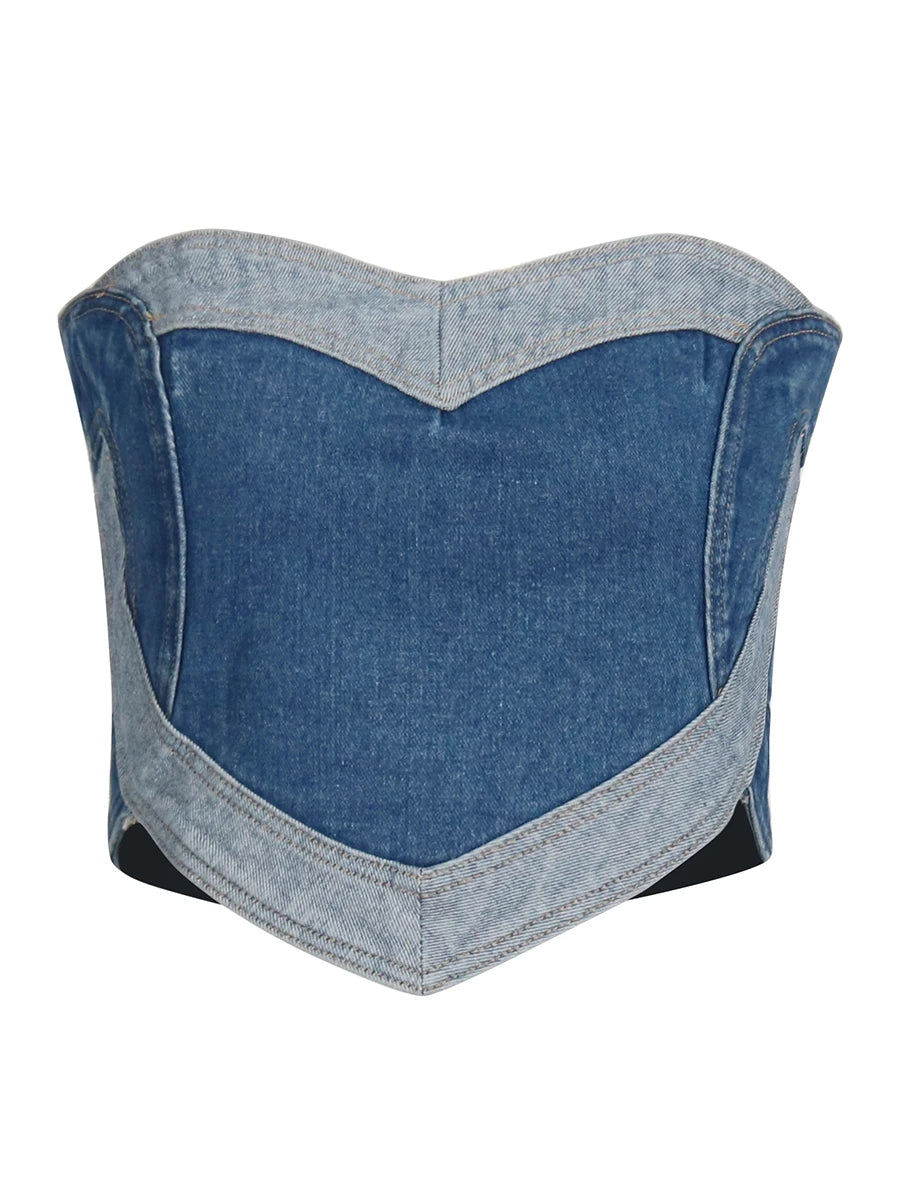 Hit Color Tube Top For Women Strapless Sleeveless Backless Short Love Patchwork Sexy Style Denim Vest Female New