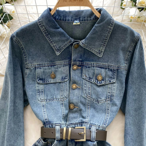 Load image into Gallery viewer, Autumn Retro Blue Long Sleeves Single Breasted Denim Mini Dress Korean Fashion Women Slim High Waist A-line Jeans Short Dresses

