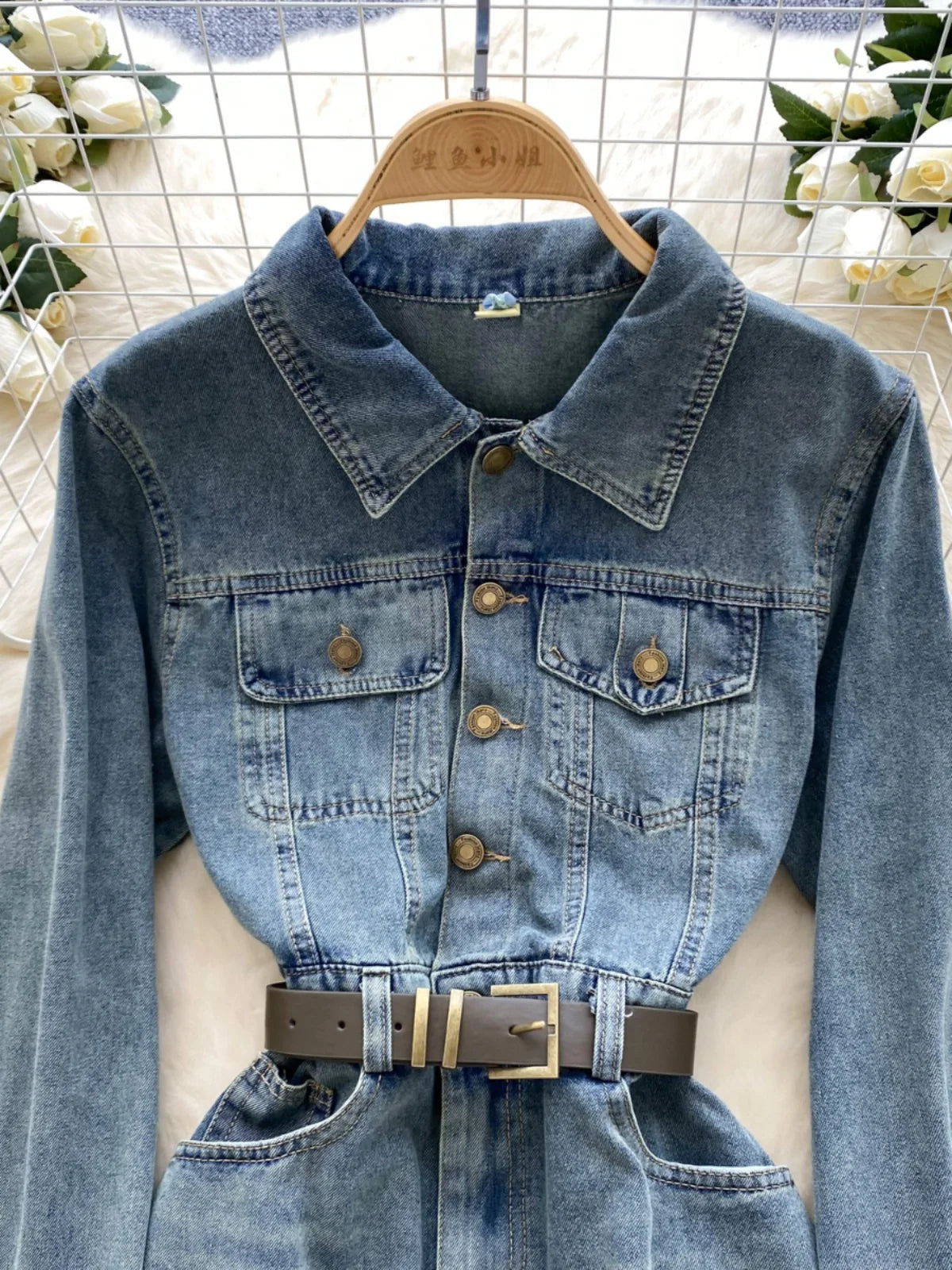 Autumn Retro Blue Long Sleeves Single Breasted Denim Mini Dress Korean Fashion Women Slim High Waist A-line Jeans Short Dresses