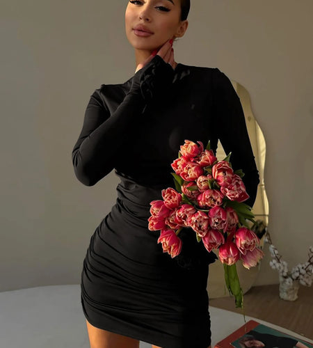 Elegant Solid Long Sleeve Tie Flowers Sexy Bodycon Pleated Mini Dress Spring Women Outfits Birthday Party Festival