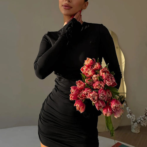 Load image into Gallery viewer, Elegant Solid Long Sleeve Tie Flowers Sexy Bodycon Pleated Mini Dress Spring Women Outfits Birthday Party Festival
