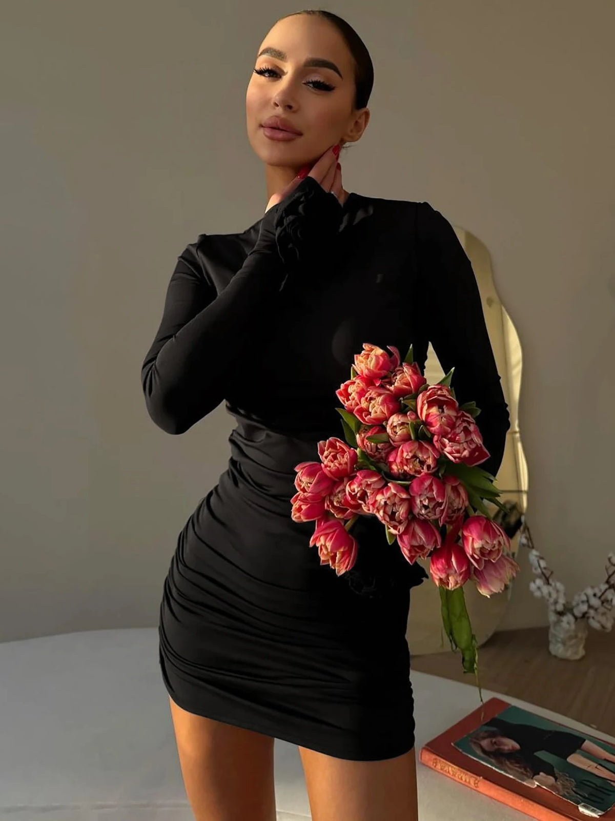 Elegant Solid Long Sleeve Tie Flowers Sexy Bodycon Pleated Mini Dress Spring Women Outfits Birthday Party Festival