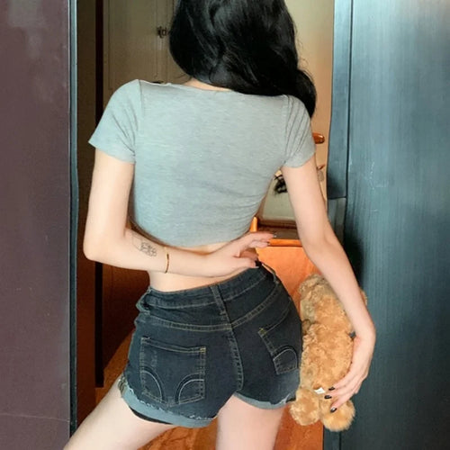 Load image into Gallery viewer, y2k Crop Tops Women Summer Clothes Sexy Solid Color Metal Ring Short Sleeve Padded T Shirts 2000s Clothing Streetwear
