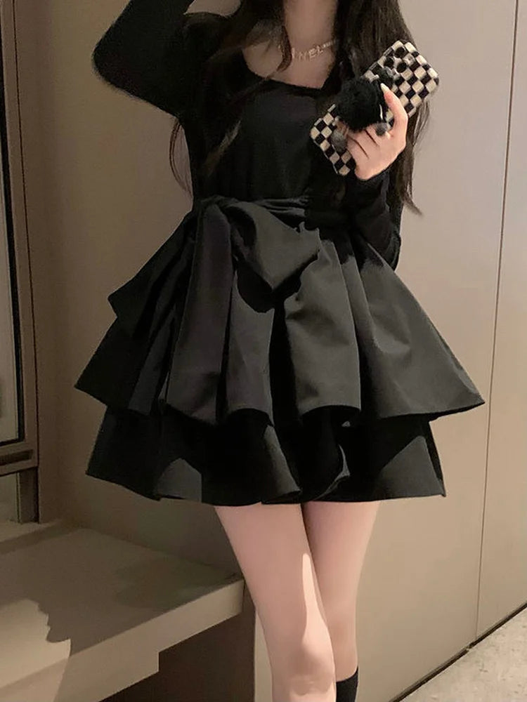 Black Cake Mini Dress Women Vintage Design Square Collar Long Sleeve Short Dresses Korean Fashion Kpop Autumn