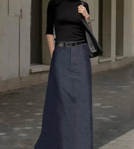 Summer New Fashion Denim Skirts For Women Imitation H-Line High Waist Pockets Loose Female Blue Maxi Skirt