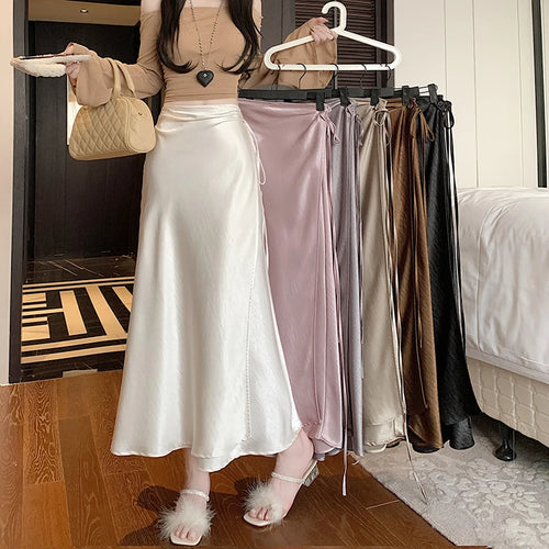 Load image into Gallery viewer, French Fashion Solid High Waist Lace-up Long Skirts 2025 Spring Summer Women Vacation Pleated Fishtail Skirt Simplicity Popular
