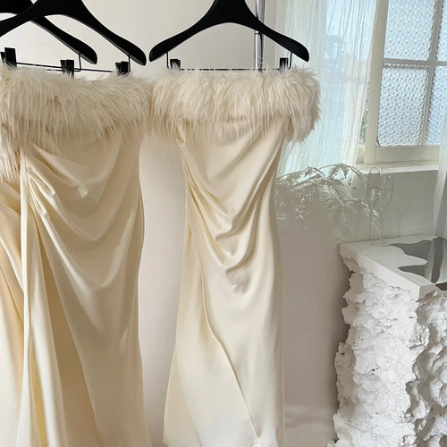 Load image into Gallery viewer, French Women's Beige Elegant Sexy Off Shoulder Pleated Long Dress Autumn New Sleeveless Hairy Neck Strapless Evening Party Dress
